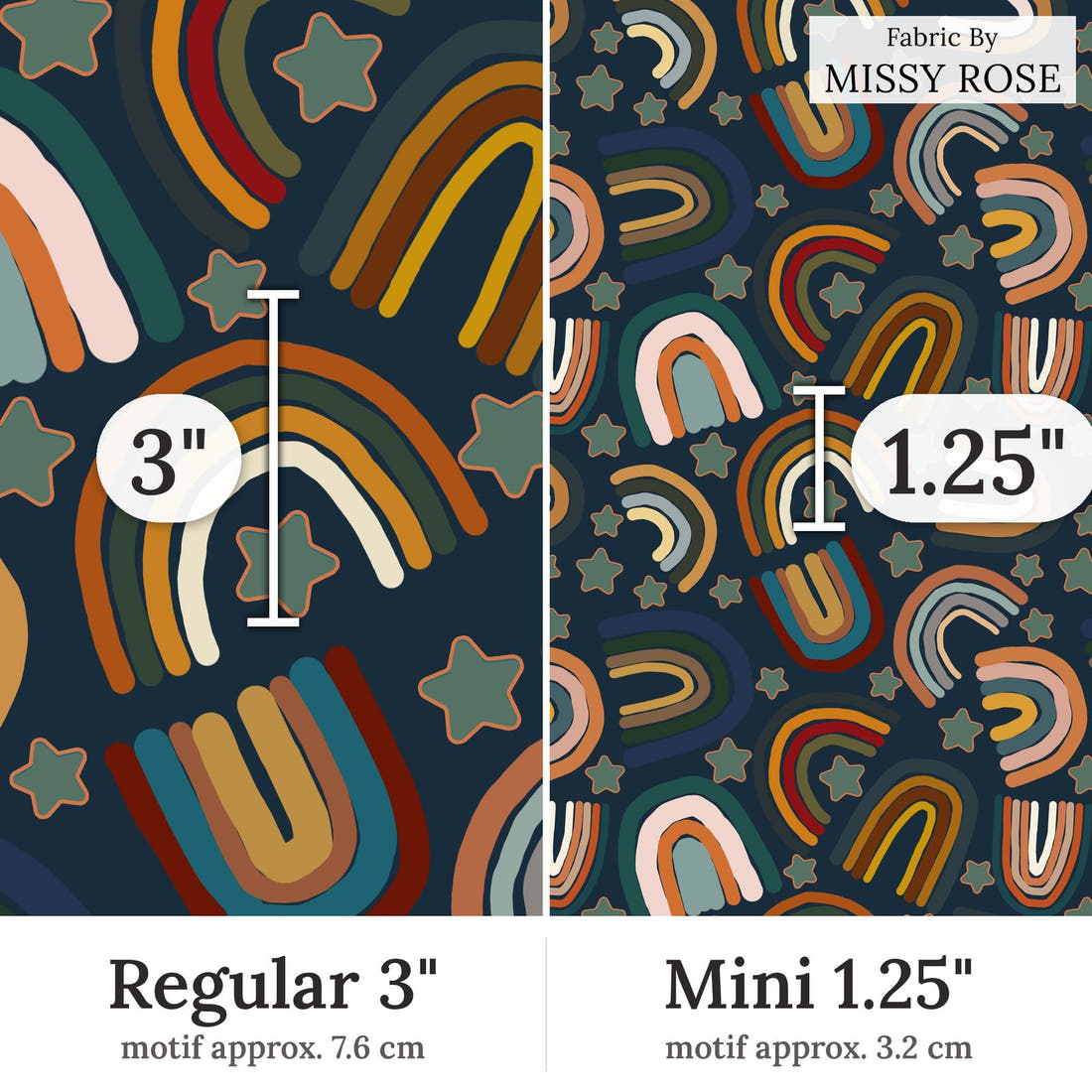 Design 309 Navy Rainbows Fabric Regular 3 inch vs Mini 1.25 inch print scale side by side | Fabric by Missy Rose