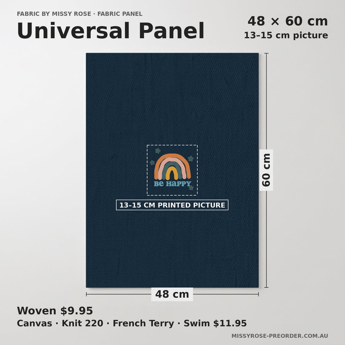 Design 309 Navy Rainbows Panel universal panel sizing – 13–15 cm printed picture on 48 × 60 cm fabric | Fabric by Missy Rose