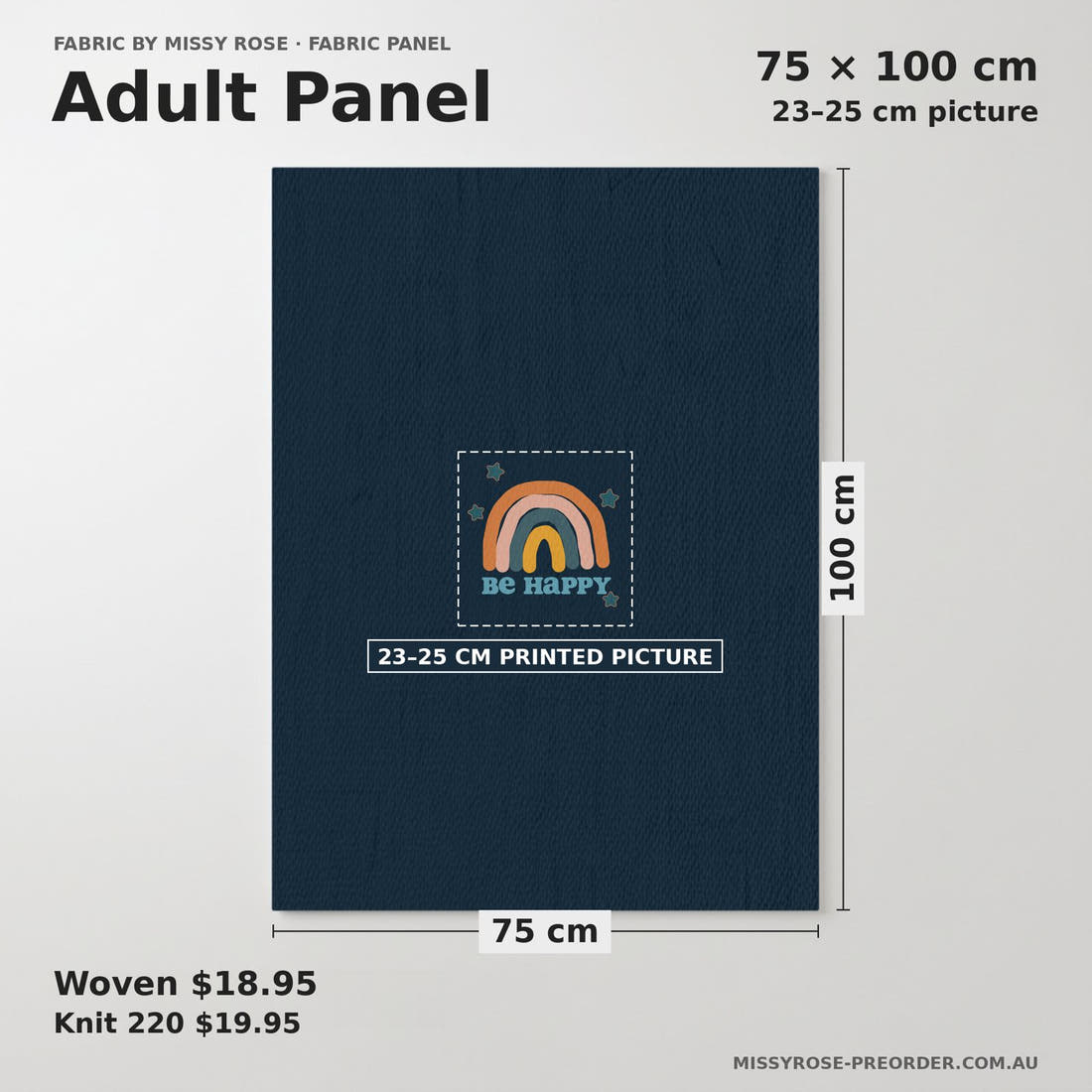 Design 309 Navy Rainbows Panel adult panel sizing – 23–25 cm printed picture on 75 × 100 cm fabric | Fabric by Missy Rose