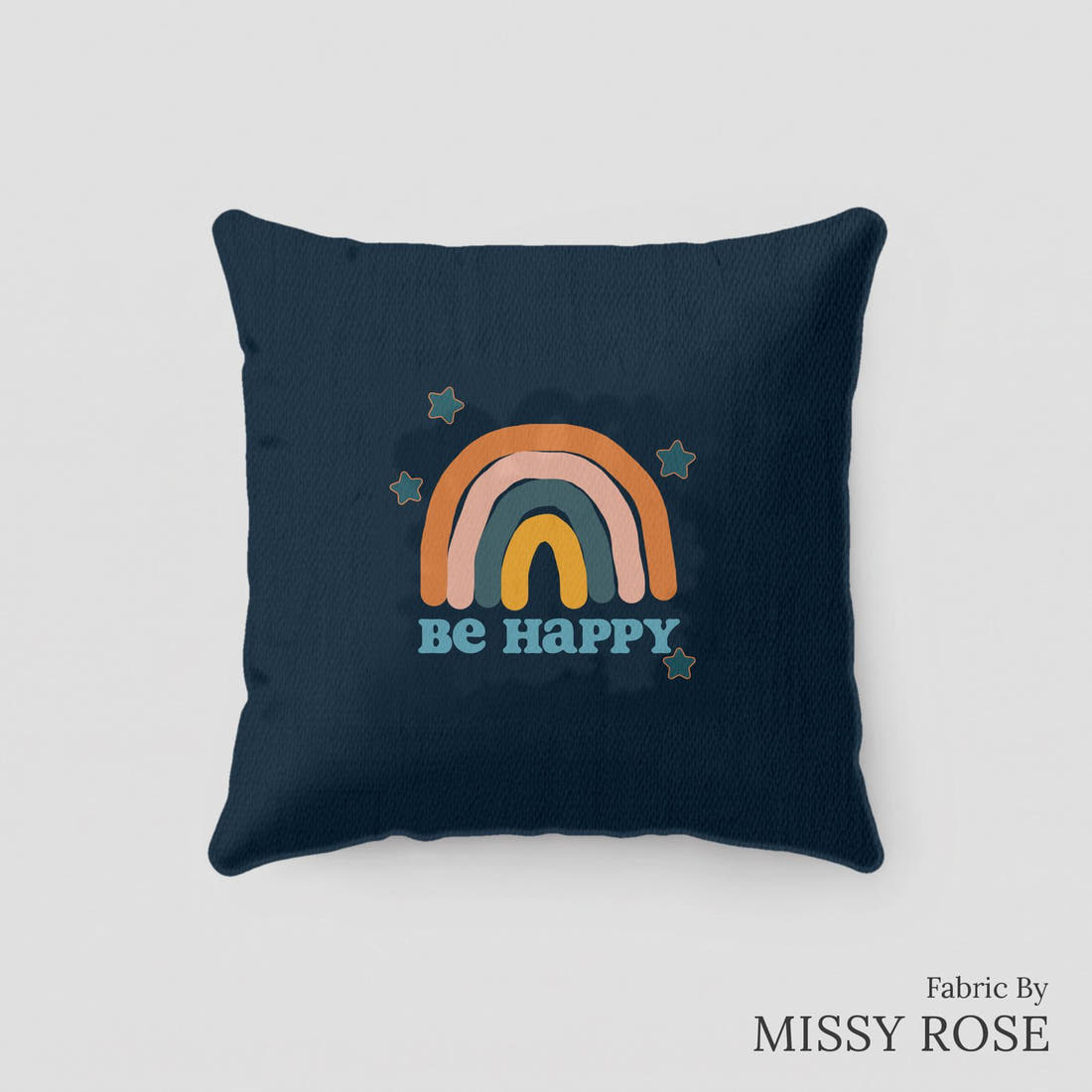 Design 309 Navy Rainbows Panel sewn into a cushion – see how the panel looks made up | Fabric by Missy Rose
