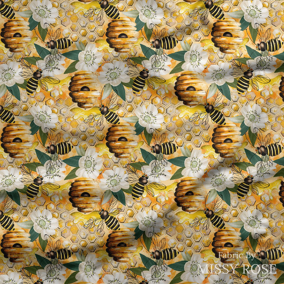 Design 31 Bee Hive Fabric draped fabric mockup – custom printed fabric by the metre | Fabric by Missy Rose
