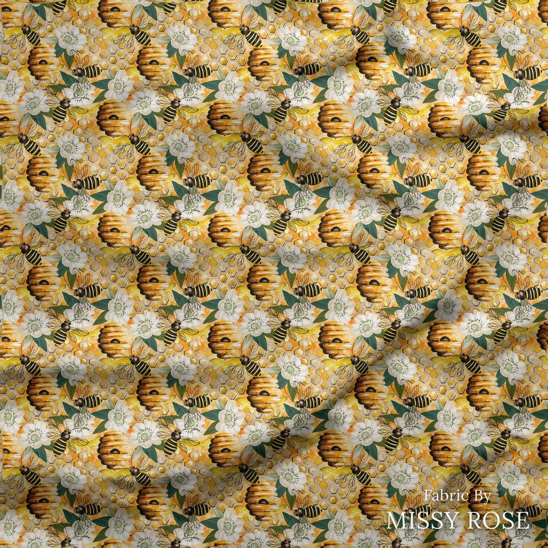 Design 31 Bee Hive Fabric draped fabric mockup – custom printed fabric by the metre | Fabric by Missy Rose