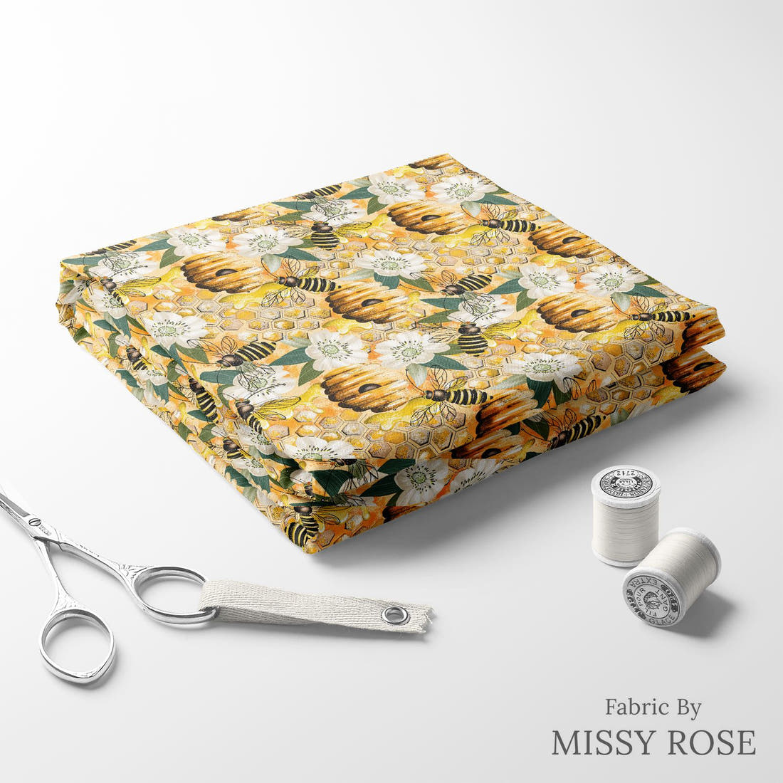 Design 31 Bee Hive Fabric folded fabric stack with matching thread – pre-order fabric Australia | Fabric by Missy Rose