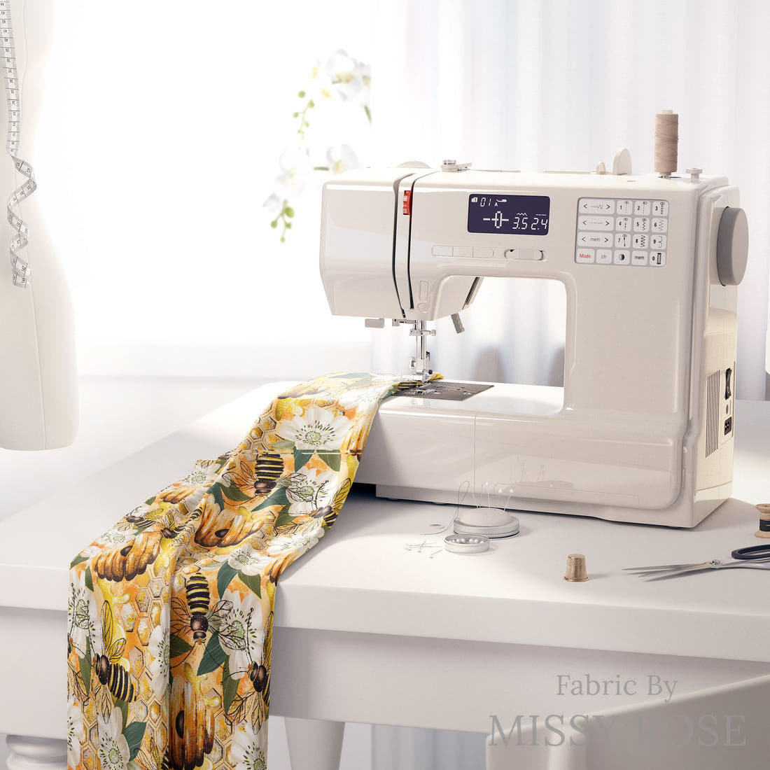 Design 31 Bee Hive Fabric on a sewing machine – premium fabric for sewing projects | Fabric by Missy Rose
