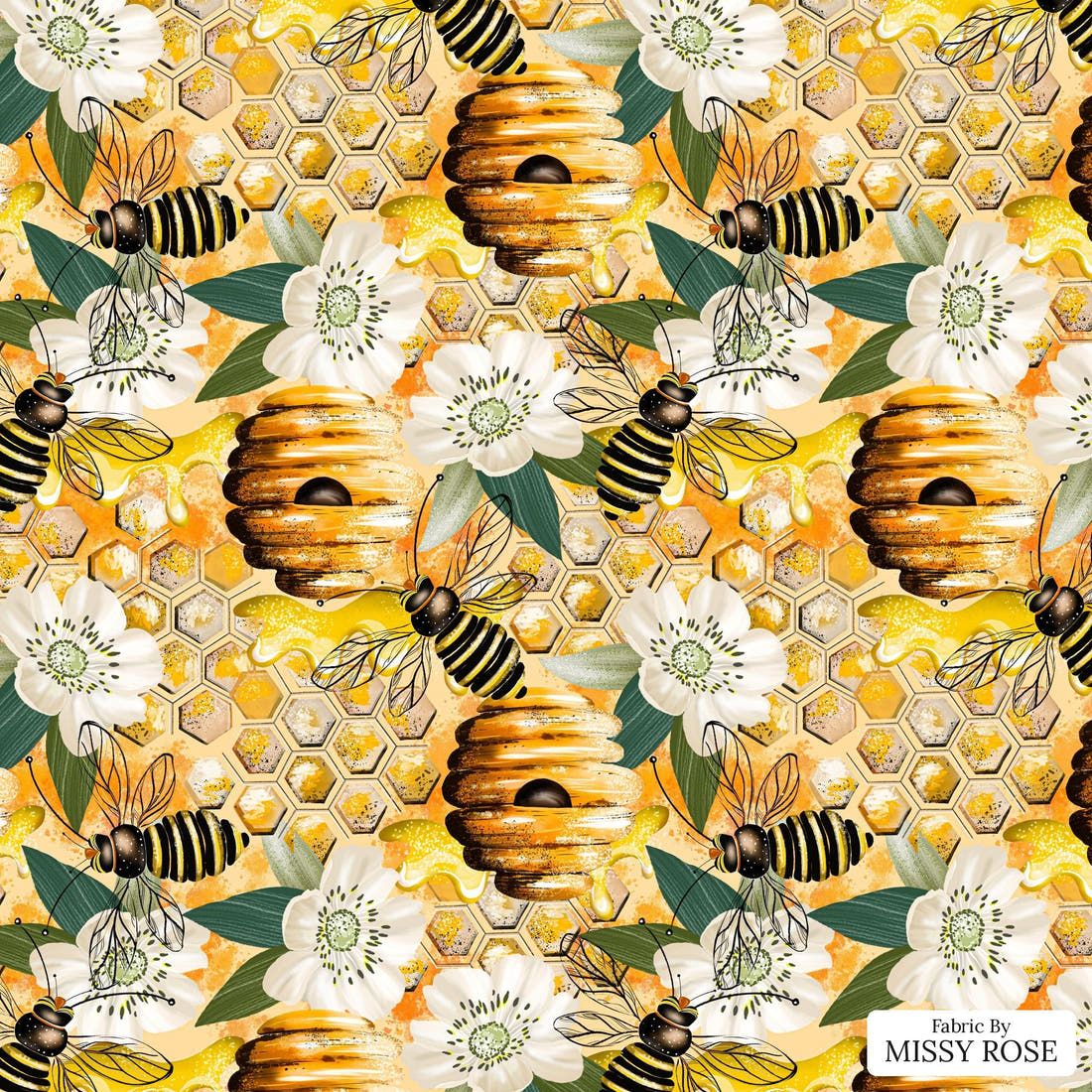 Design 31 Bee Hive Fabric - flat view of the print, zoom in for detail | Fabric by Missy Rose