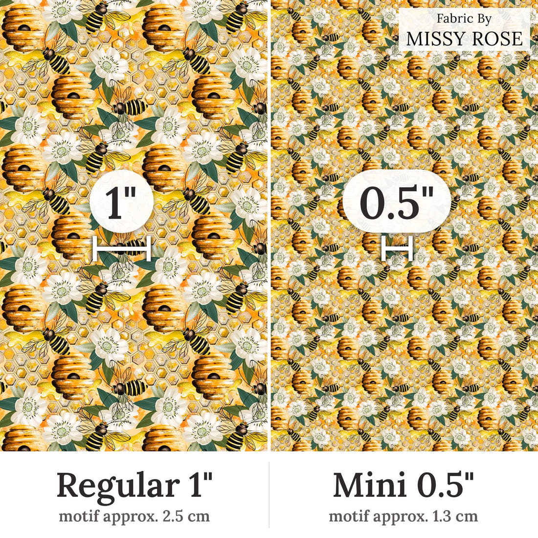 Design 31 Bee Hive Fabric Regular 1 inch vs Mini 0.5 inch print scale side by side | Fabric by Missy Rose