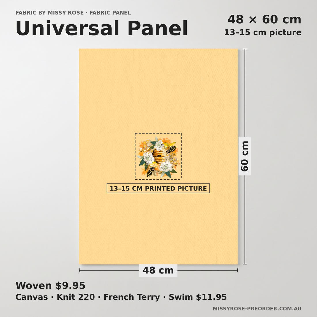Design 31 Bee Hive Panel universal panel sizing – 13–15 cm printed picture on 48 × 60 cm fabric | Fabric by Missy Rose