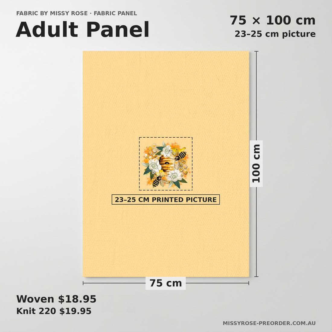 Design 31 Bee Hive Panel adult panel sizing – 23–25 cm printed picture on 75 × 100 cm fabric | Fabric by Missy Rose