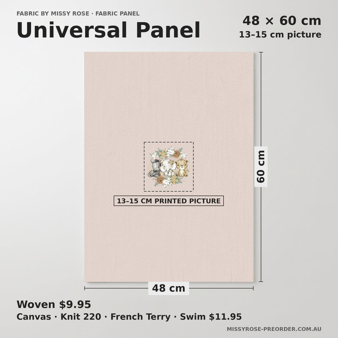 Design 310 Neutral Safari Babies Panel universal panel sizing – 13–15 cm printed picture on 48 × 60 cm fabric | Fabric by Missy Rose