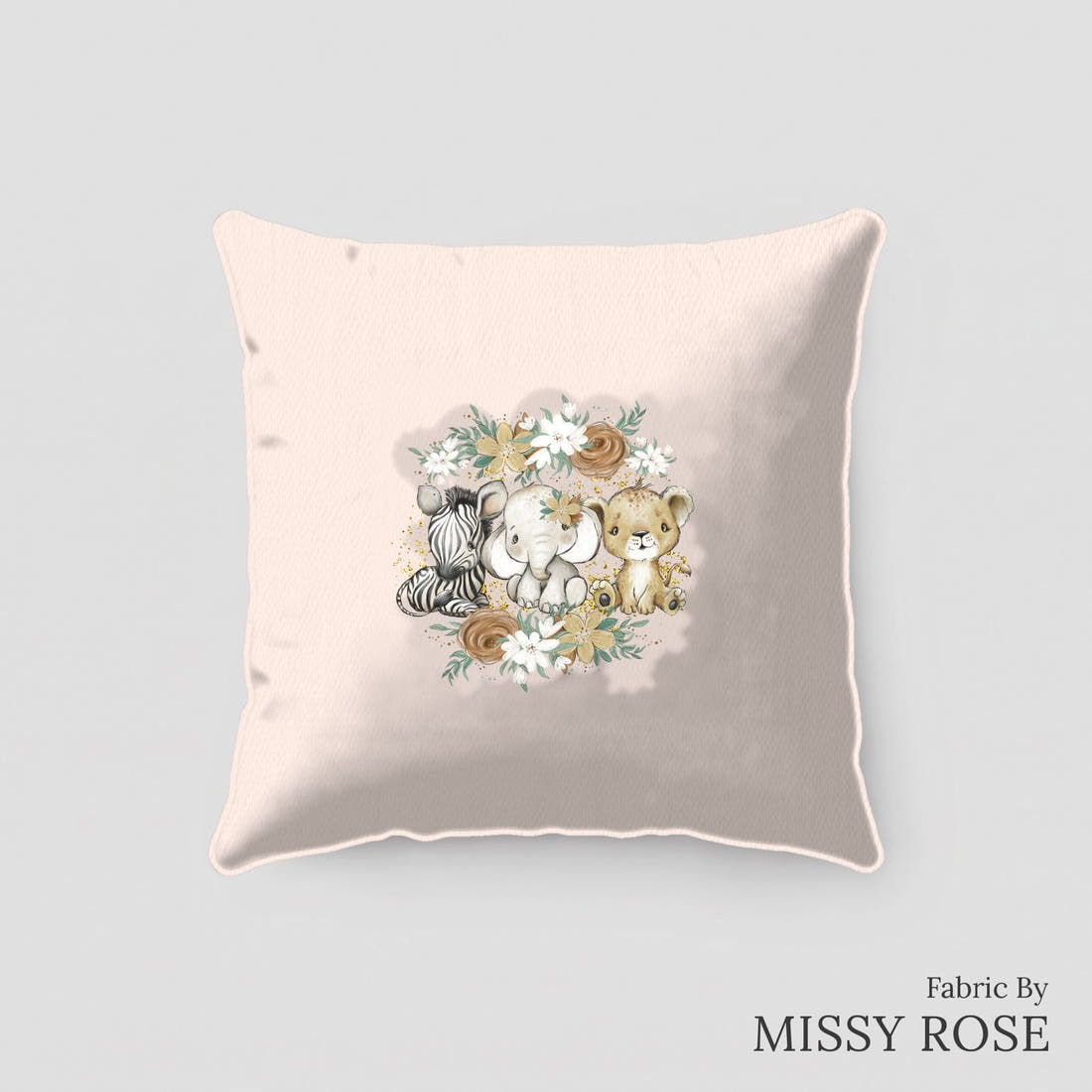 Design 310 Neutral Safari Babies Panel sewn into a cushion – see how the panel looks made up | Fabric by Missy Rose