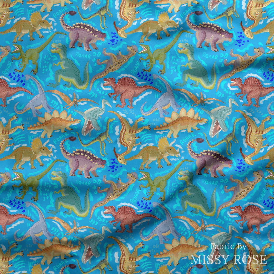 Design 311 Blue Dinosaur Fabric draped fabric mockup – custom printed fabric by the metre | Fabric by Missy Rose