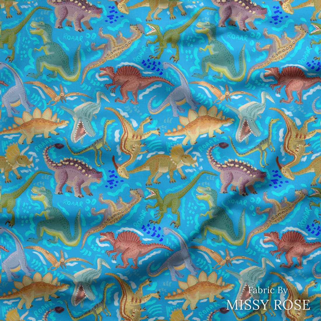 Design 311 Blue Dinosaur Fabric draped fabric mockup – custom printed fabric by the metre | Fabric by Missy Rose