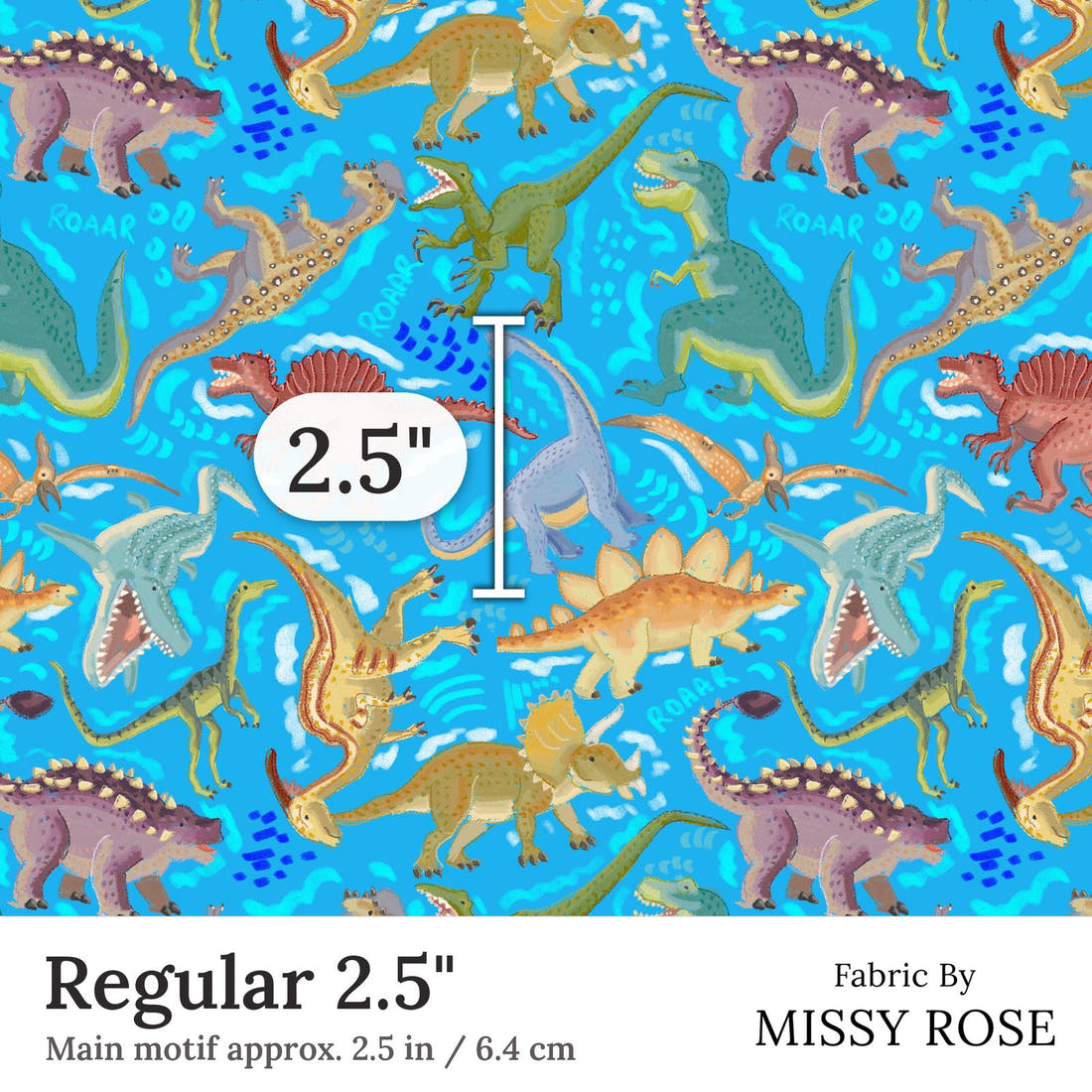 Design 311 Blue Dinosaur Fabric Regular 2.5 inch print scale guide | Fabric by Missy Rose