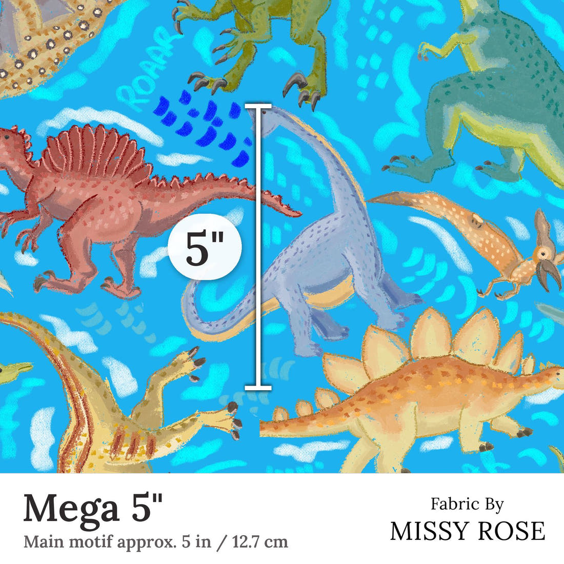 Design 311 Blue Dinosaur Fabric Mega 5 inch print scale guide | Fabric by Missy Rose