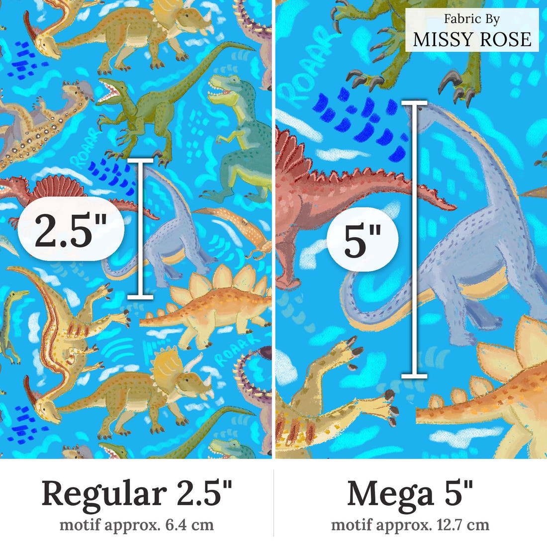 Design 311 Blue Dinosaur Fabric Regular 2.5 inch vs Mega 5 inch print scale side by side | Fabric by Missy Rose