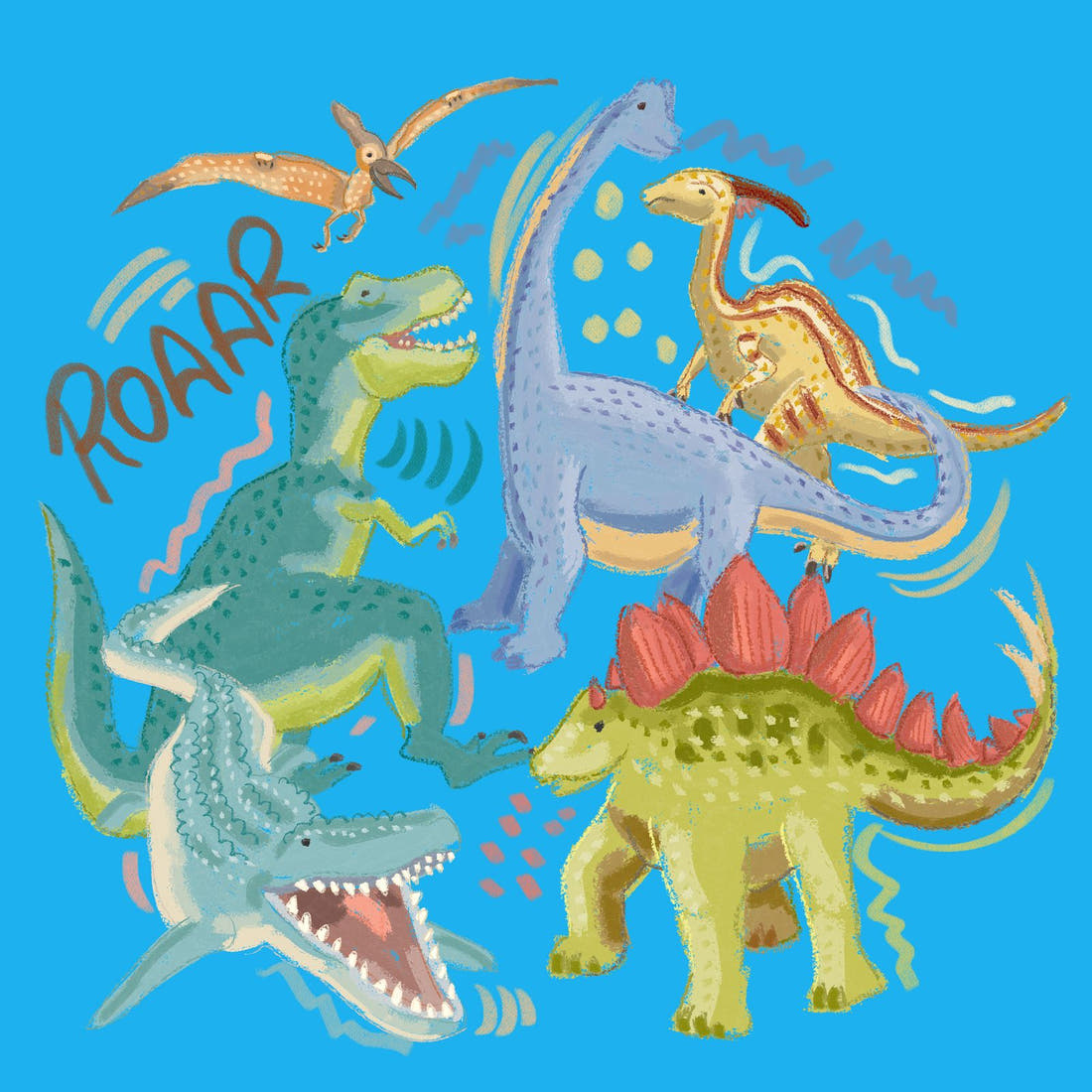 Design 311 Blue Dinosaur Panel – full artwork close-up of the printed picture | Fabric by Missy Rose