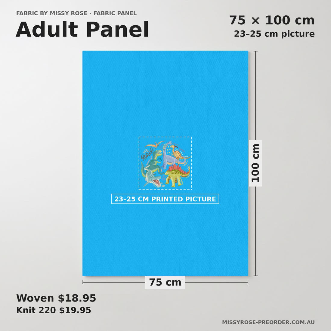 Design 311 Blue Dinosaur Panel adult panel sizing – 23–25 cm printed picture on 75 × 100 cm fabric | Fabric by Missy Rose