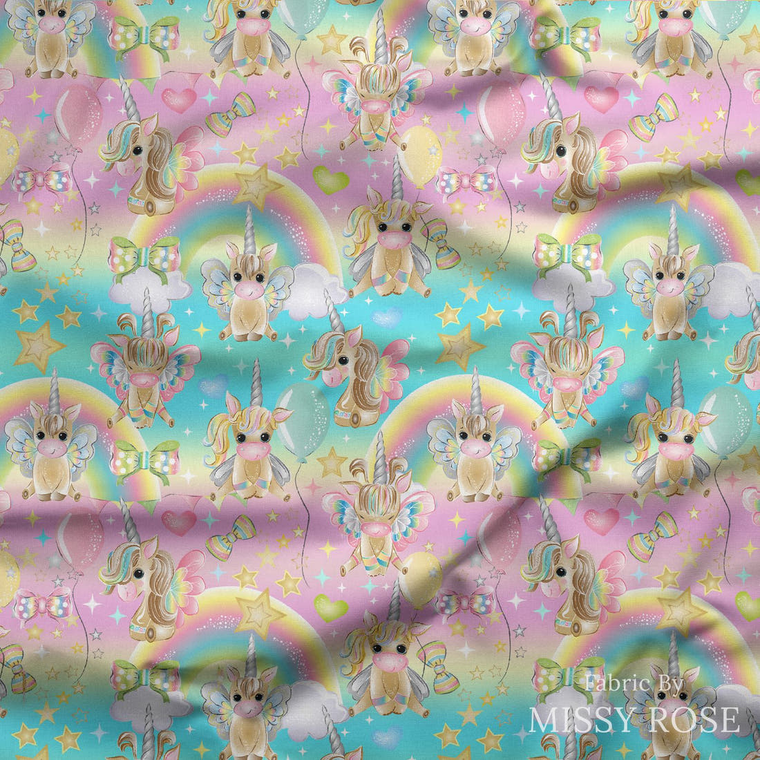 Design 312 Birthday Unicorn Fabric draped fabric mockup – custom printed fabric by the metre | Fabric by Missy Rose