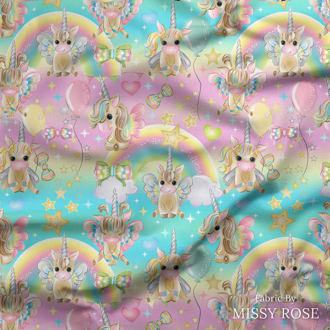 Design 312 Birthday Unicorn Fabric draped fabric mockup – custom printed fabric by the metre | Fabric by Missy Rose