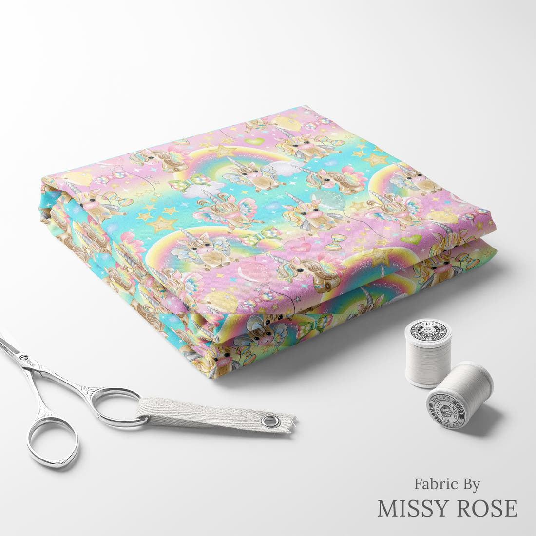 Design 312 Birthday Unicorn Fabric folded fabric stack with matching thread – pre-order fabric Australia | Fabric by Missy Rose