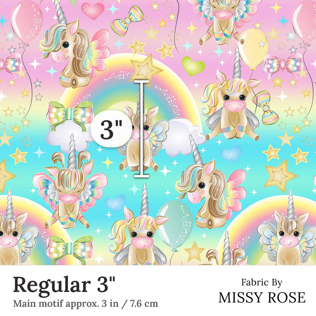 Design 312 Birthday Unicorn Fabric Regular 3 inch print scale guide | Fabric by Missy Rose