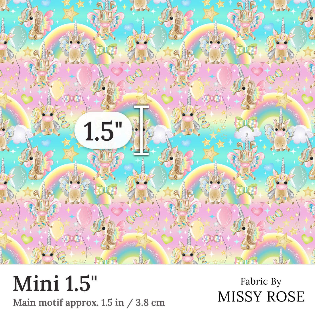 Design 312 Birthday Unicorn Fabric Mini 1.5 inch print scale guide | Fabric by Missy Rose