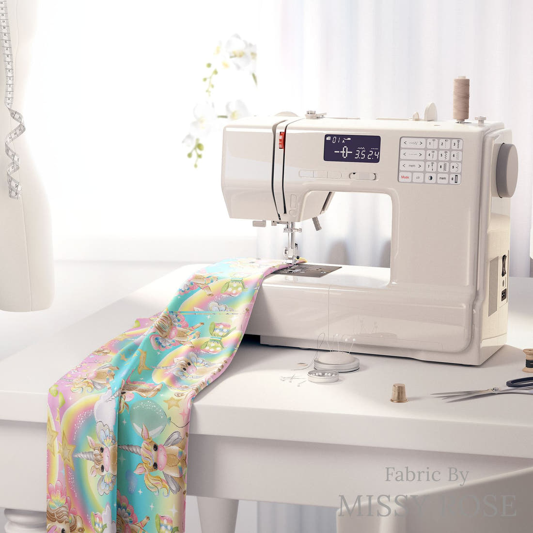 Design 312 Birthday Unicorn Fabric on a sewing machine – premium fabric for sewing projects | Fabric by Missy Rose