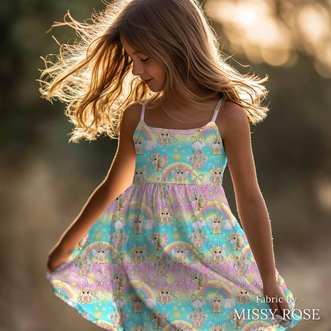 Design 312 Birthday Unicorn Fabric sewn into a girls' dress – see how the print looks made up | Fabric by Missy Rose