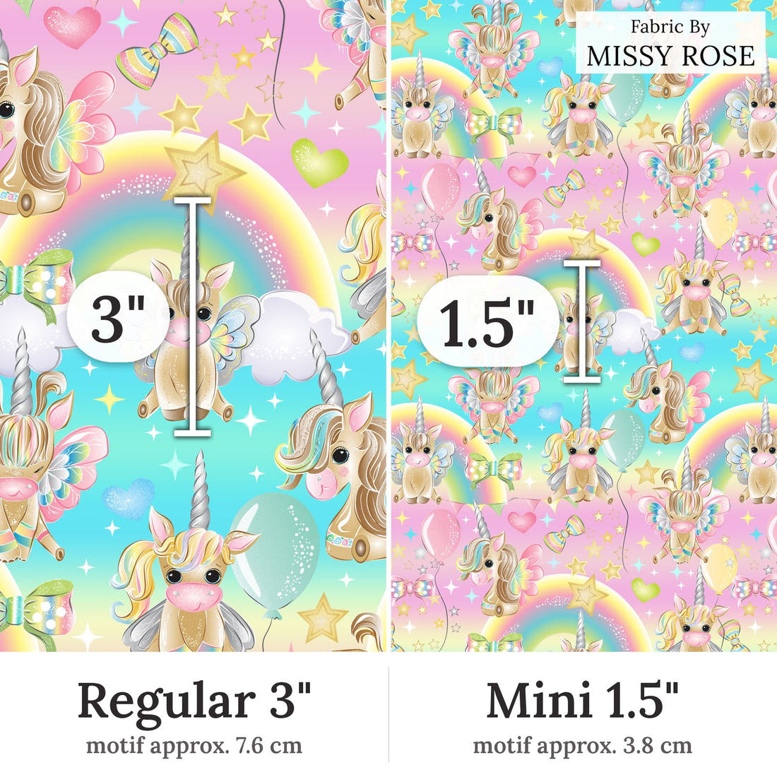 Design 312 Birthday Unicorn Fabric Regular 3 inch vs Mini 1.5 inch print scale side by side | Fabric by Missy Rose