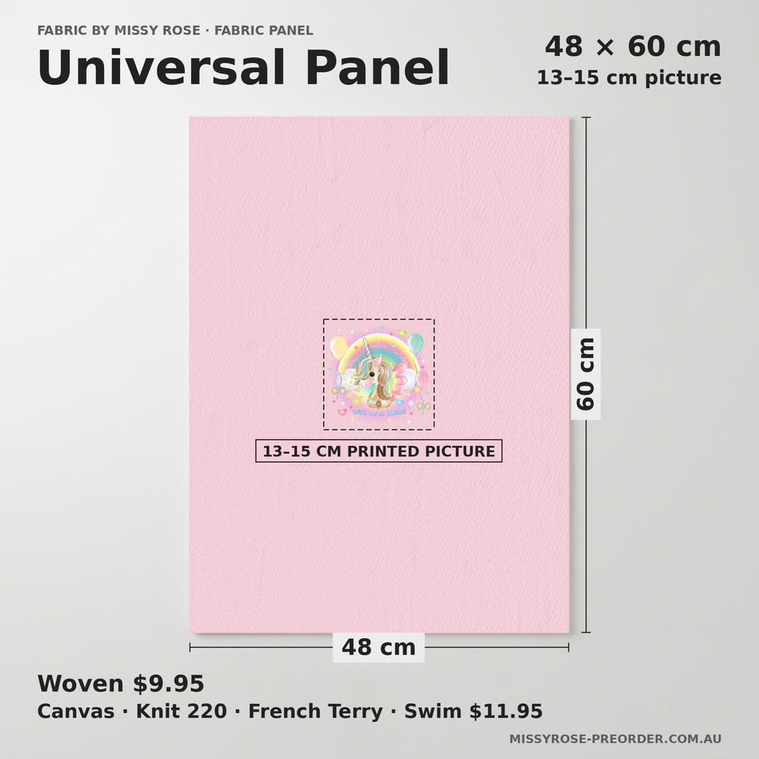 Design 312 Birthday Unicorn Panel universal panel sizing – 13–15 cm printed picture on 48 × 60 cm fabric | Fabric by Missy Rose