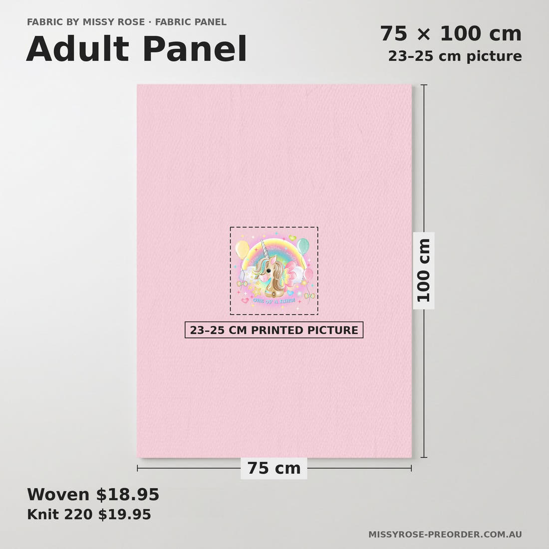 Design 312 Birthday Unicorn Panel adult panel sizing – 23–25 cm printed picture on 75 × 100 cm fabric | Fabric by Missy Rose