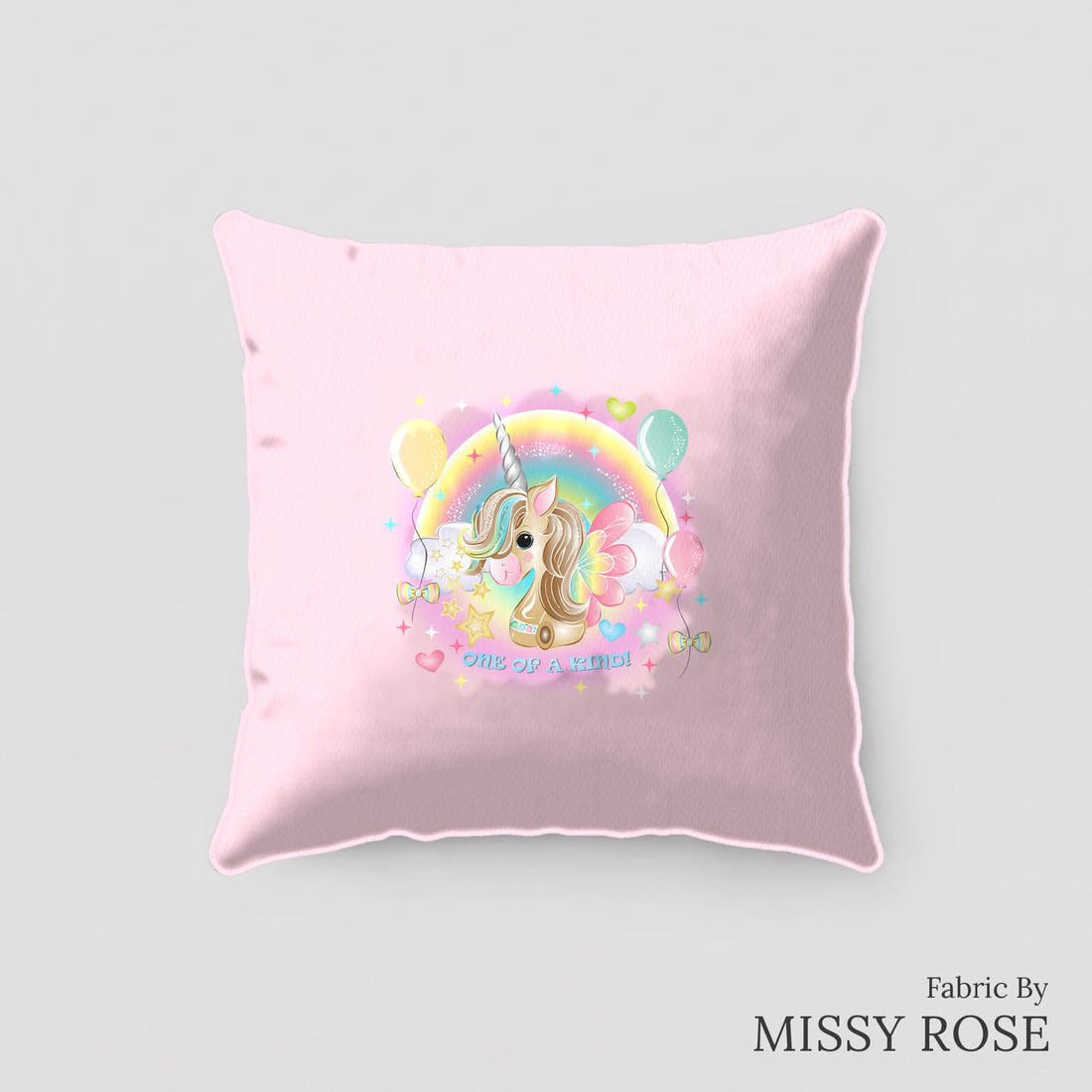 Design 312 Birthday Unicorn Panel sewn into a cushion – see how the panel looks made up | Fabric by Missy Rose