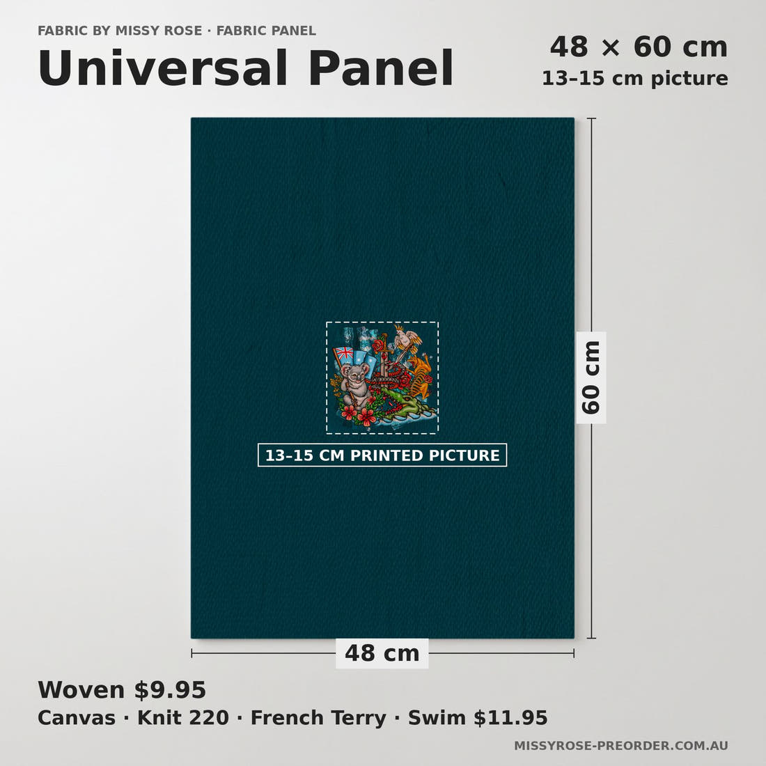 Design 313 Retro Australian Panel universal panel sizing – 13–15 cm printed picture on 48 × 60 cm fabric | Fabric by Missy Rose