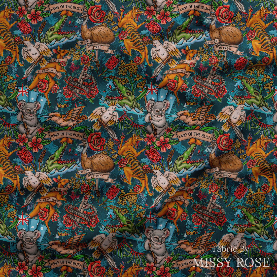 Design 313 Retro Australian Fabric draped fabric mockup – custom printed fabric by the metre | Fabric by Missy Rose