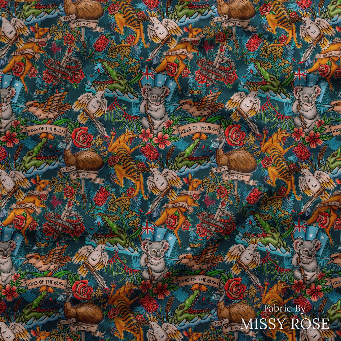 Design 313 Retro Australian Fabric draped fabric mockup – custom printed fabric by the metre | Fabric by Missy Rose
