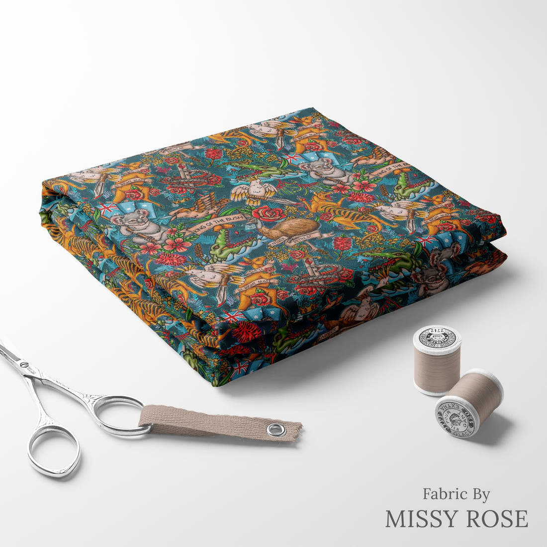 Design 313 Retro Australian Fabric folded fabric stack with matching thread – pre-order fabric Australia | Fabric by Missy Rose