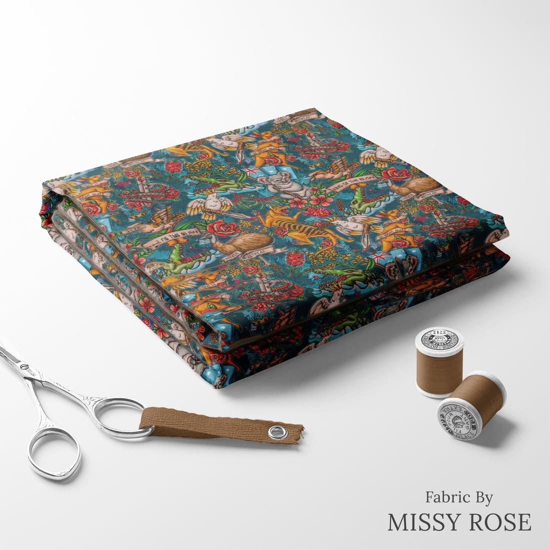 Design 313 Retro Australian Fabric folded fabric stack with matching thread – pre-order fabric Australia | Fabric by Missy Rose