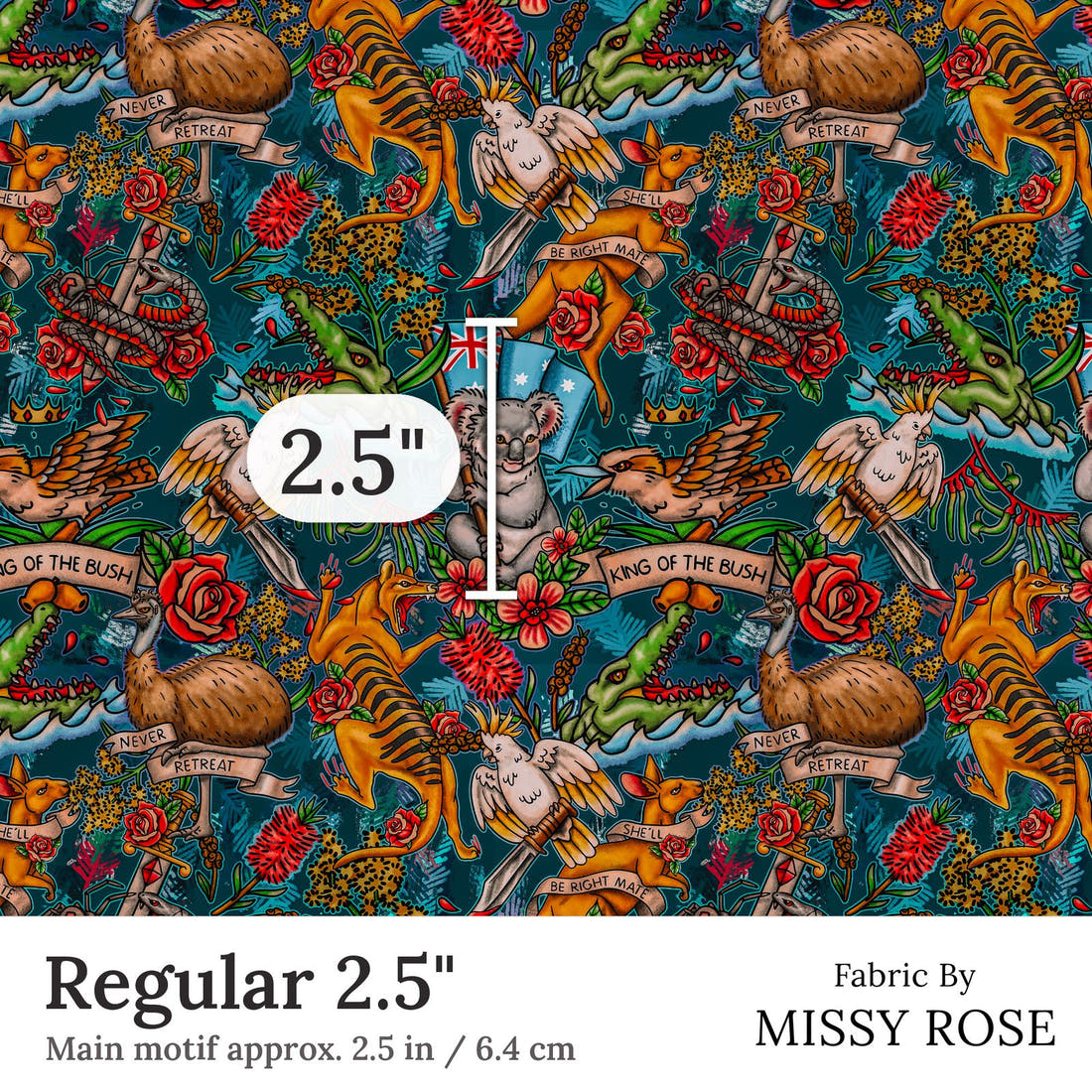 Design 313 Retro Australian Fabric Regular 2.5 inch print scale guide | Fabric by Missy Rose