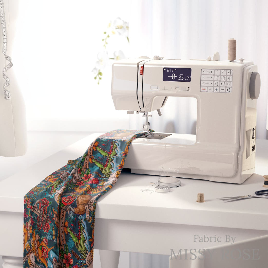 Design 313 Retro Australian Fabric on a sewing machine – premium fabric for sewing projects | Fabric by Missy Rose