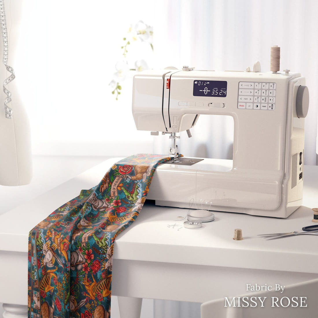 Design 313 Retro Australian Fabric on a sewing machine – premium fabric for sewing projects | Fabric by Missy Rose