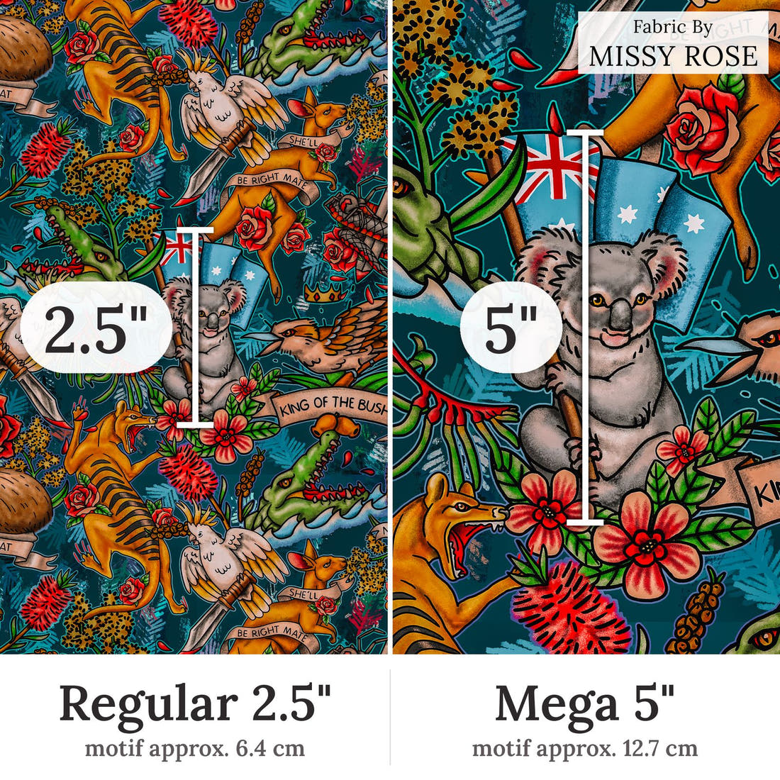 Design 313 Retro Australian Fabric Regular 2.5 inch vs Mega 5 inch print scale side by side | Fabric by Missy Rose