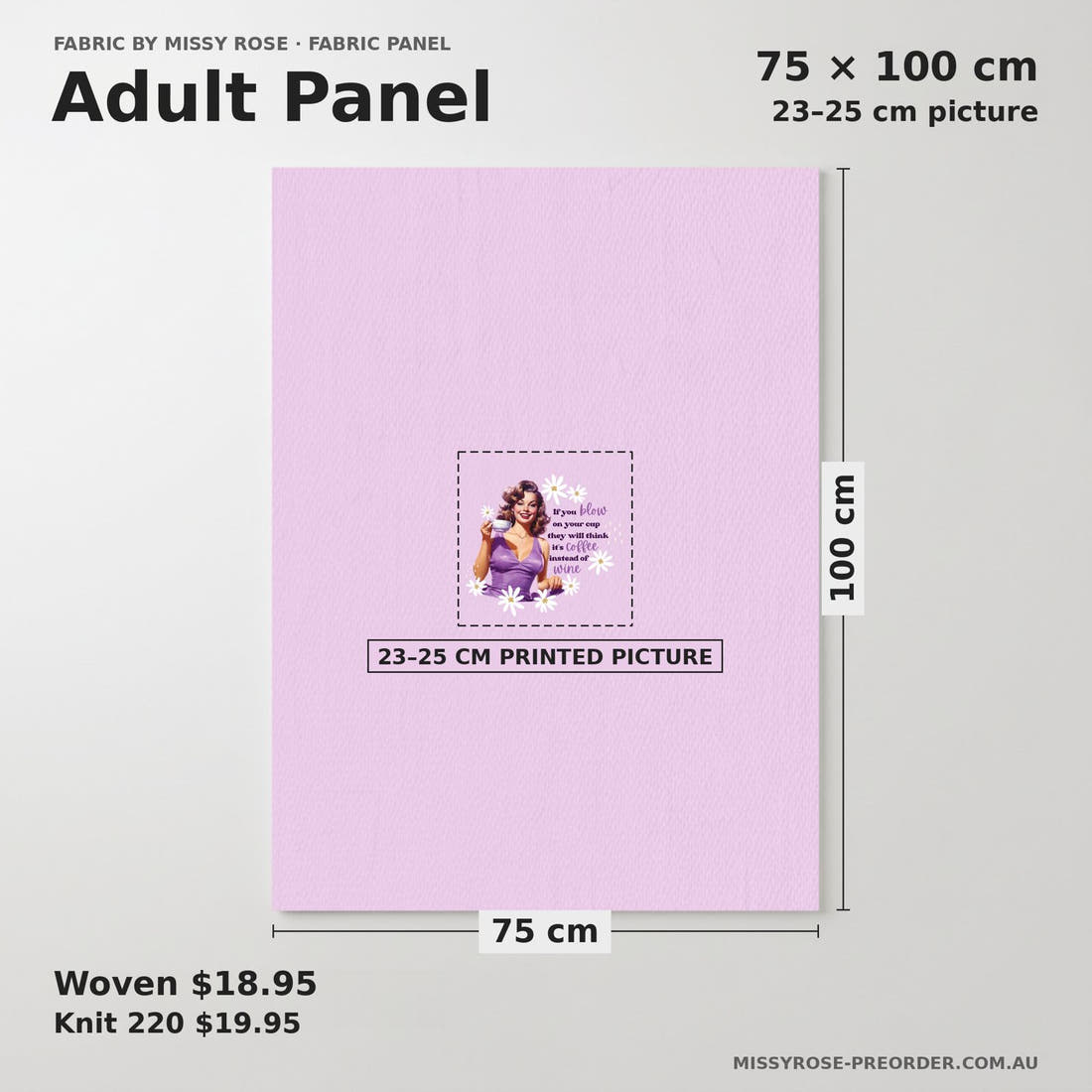 Design 314 Purple Retro Panel adult panel sizing – 23–25 cm printed picture on 75 × 100 cm fabric | Fabric by Missy Rose