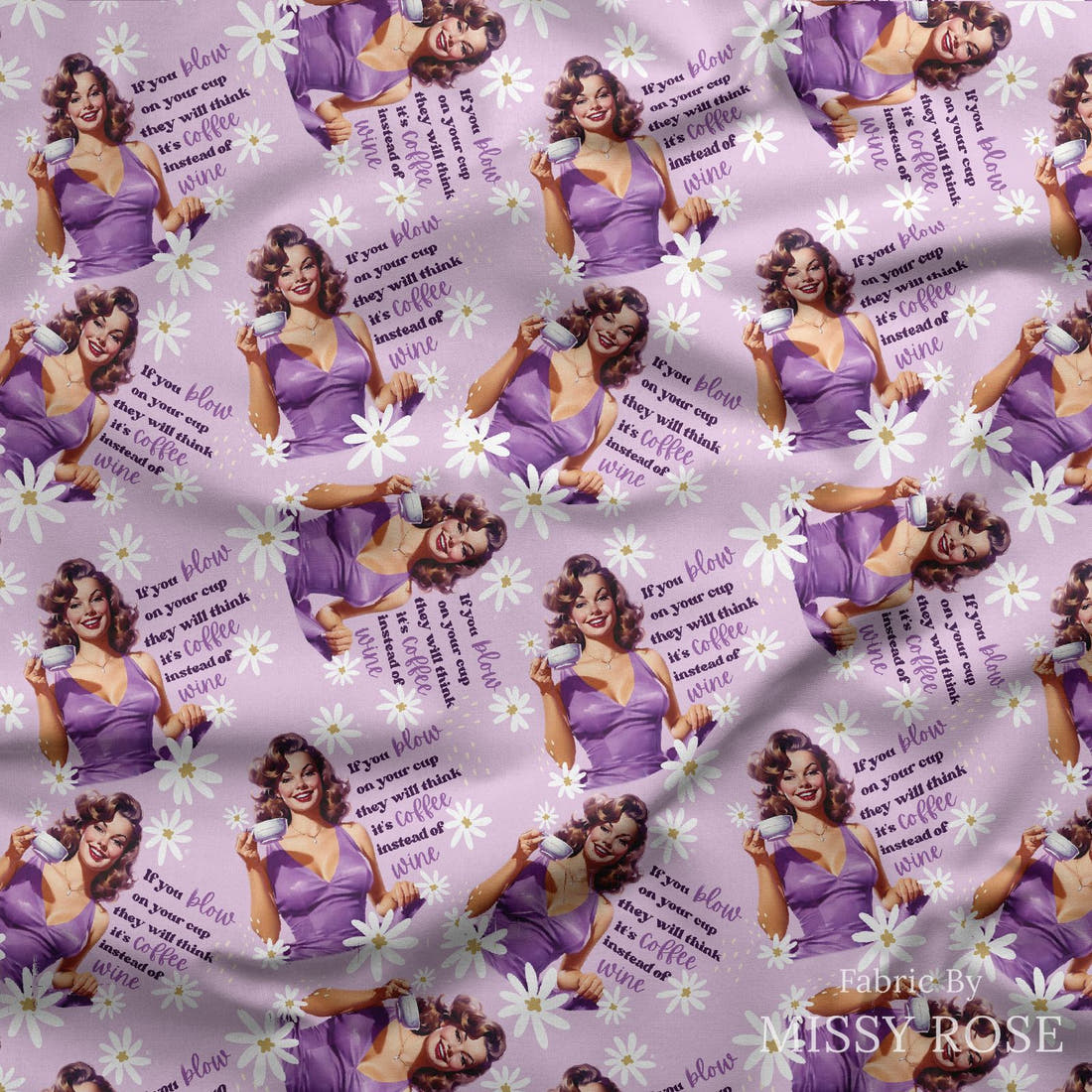 Design 314 Purple Retro Fabric draped fabric mockup – custom printed fabric by the metre | Fabric by Missy Rose
