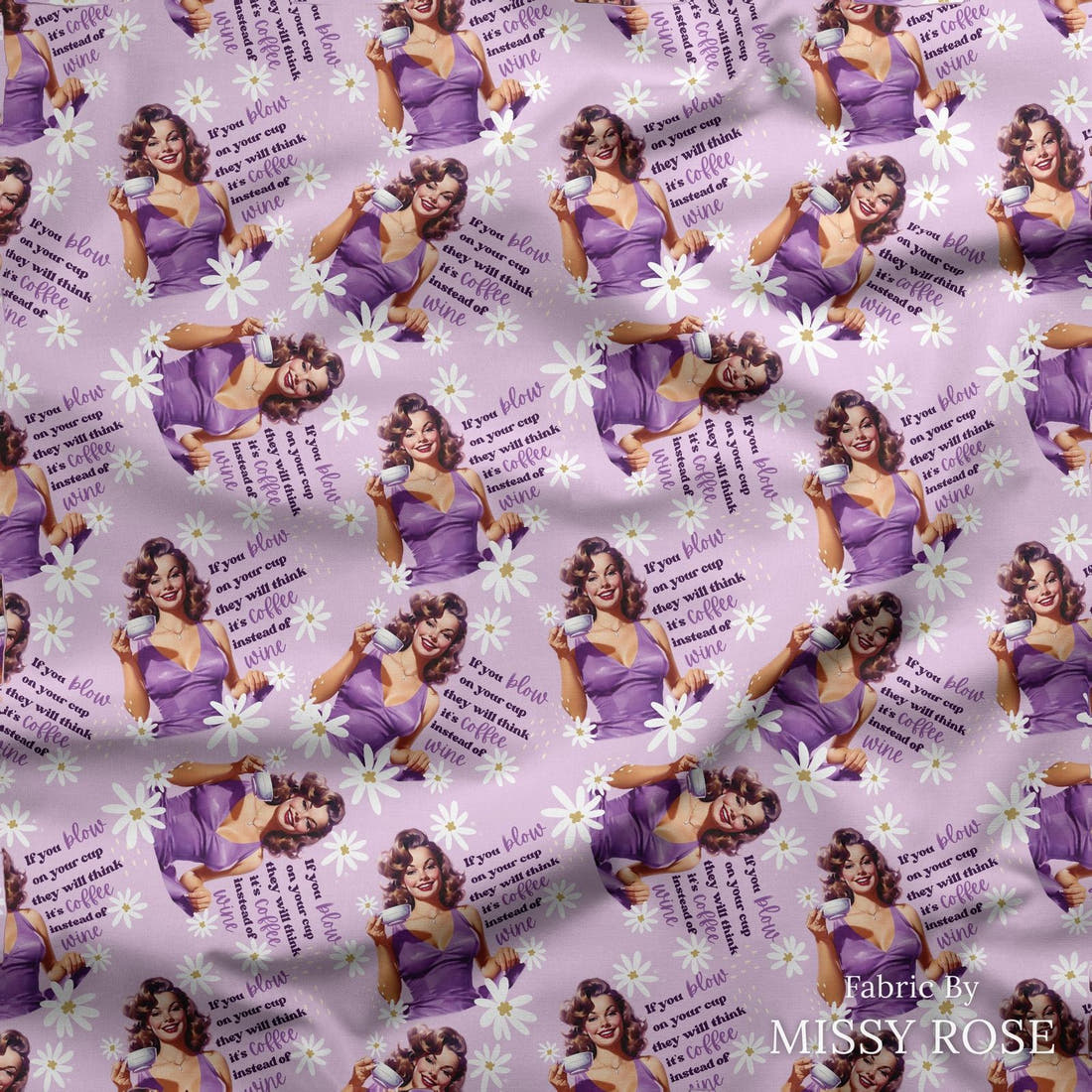 Design 314 Purple Retro Fabric draped fabric mockup – custom printed fabric by the metre | Fabric by Missy Rose