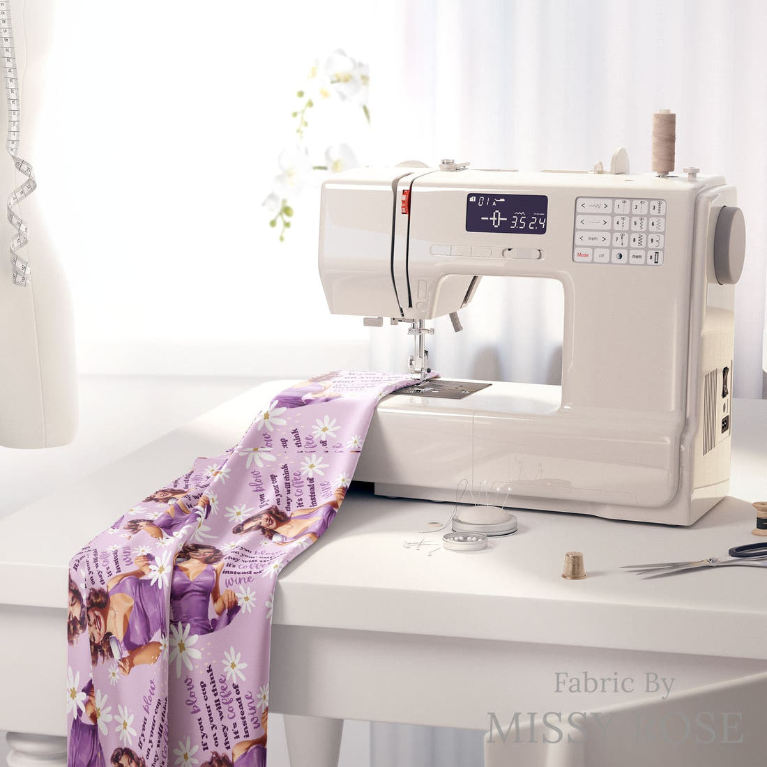 Design 314 Purple Retro Fabric on a sewing machine – premium fabric for sewing projects | Fabric by Missy Rose