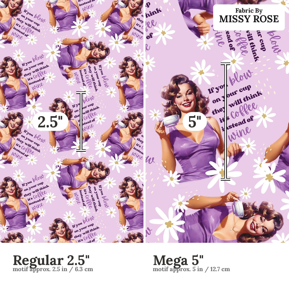 Design 314 Purple Retro Fabric size comparison - print scale | Fabric by Missy Rose