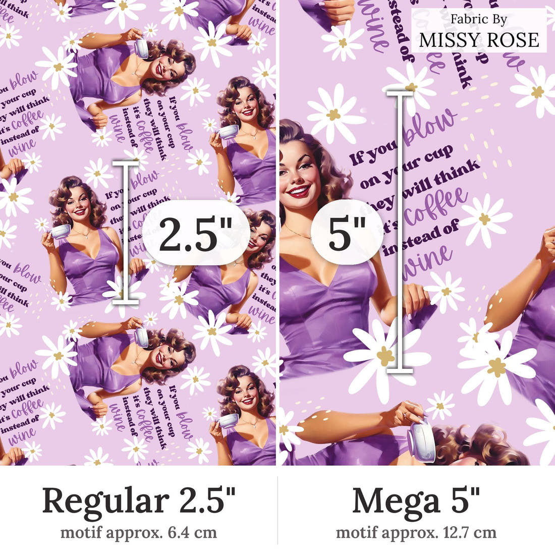 Design 314 Purple Retro Fabric Regular 2.5 inch vs Mega 5 inch print scale side by side | Fabric by Missy Rose