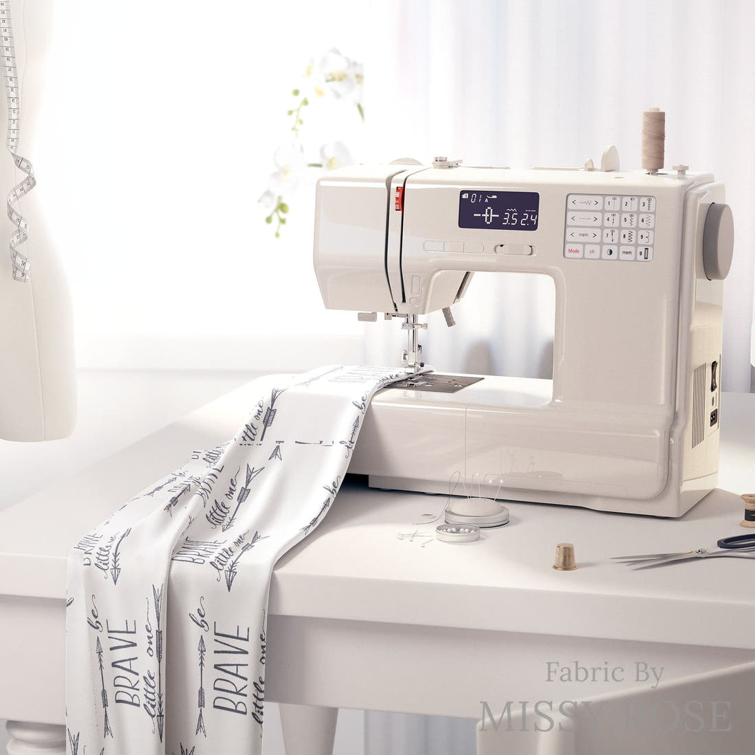 Design 315 Be Brave Fabric on a sewing machine – premium fabric for sewing projects | Fabric by Missy Rose