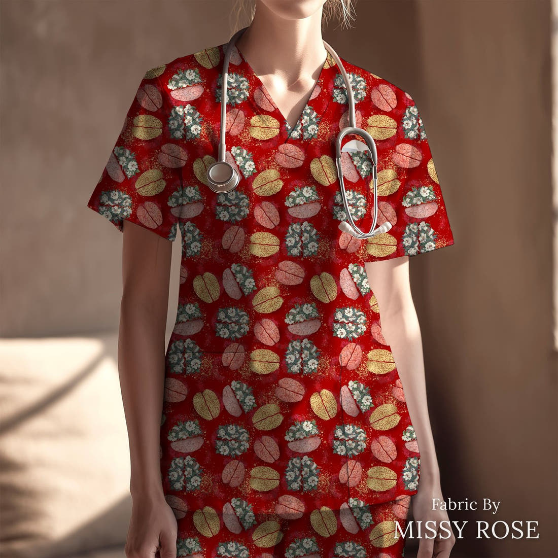 Design 316 Brain Fabric sewn into a scrubs top – see how the print looks made up | Fabric by Missy Rose
