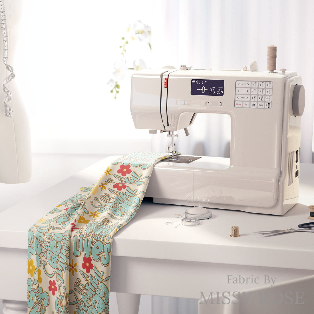 Design 317 Save Lives Fabric on a sewing machine – premium fabric for sewing projects | Fabric by Missy Rose